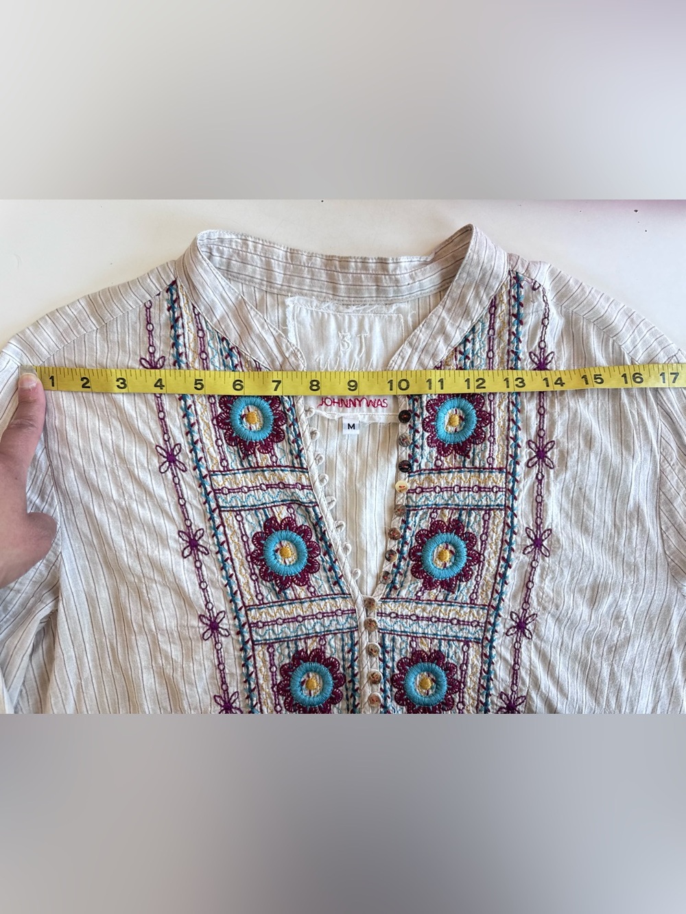 Johnny Was 3J Workshop embroidered striped floral boho prairie button down top M - Picture 8 of 12